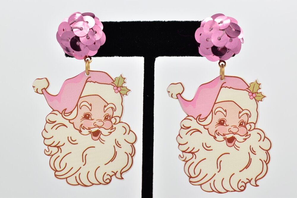 Mary Kathryn Pink Santa Claus Earrings St. Nick Sequin Christmas Holiday Bin7